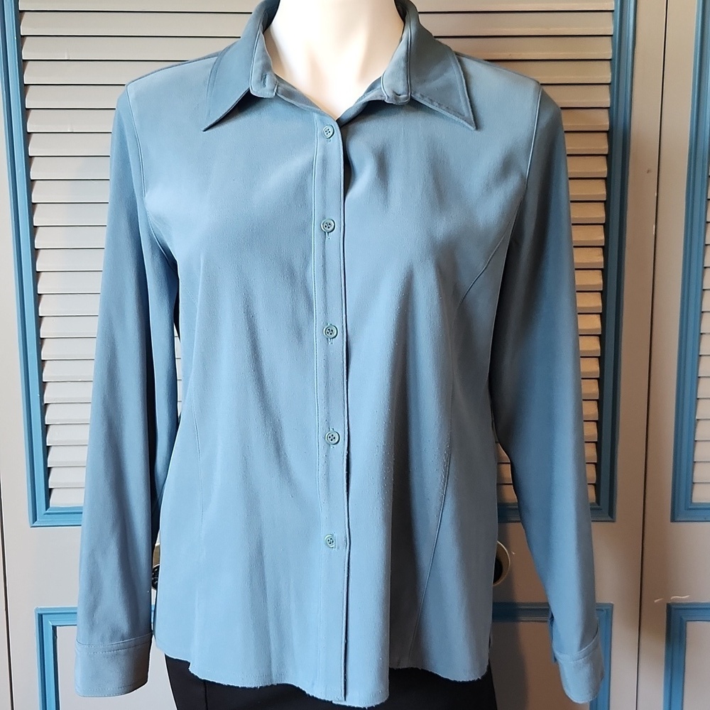 Petite Sophisticate Teal Button-Down Blouse - Picture 2 of 13